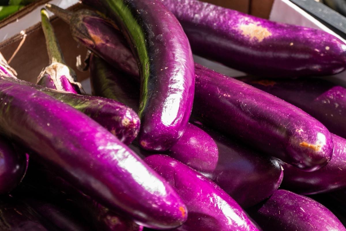 Chinese eggplant, long slender purple fruit in market crates