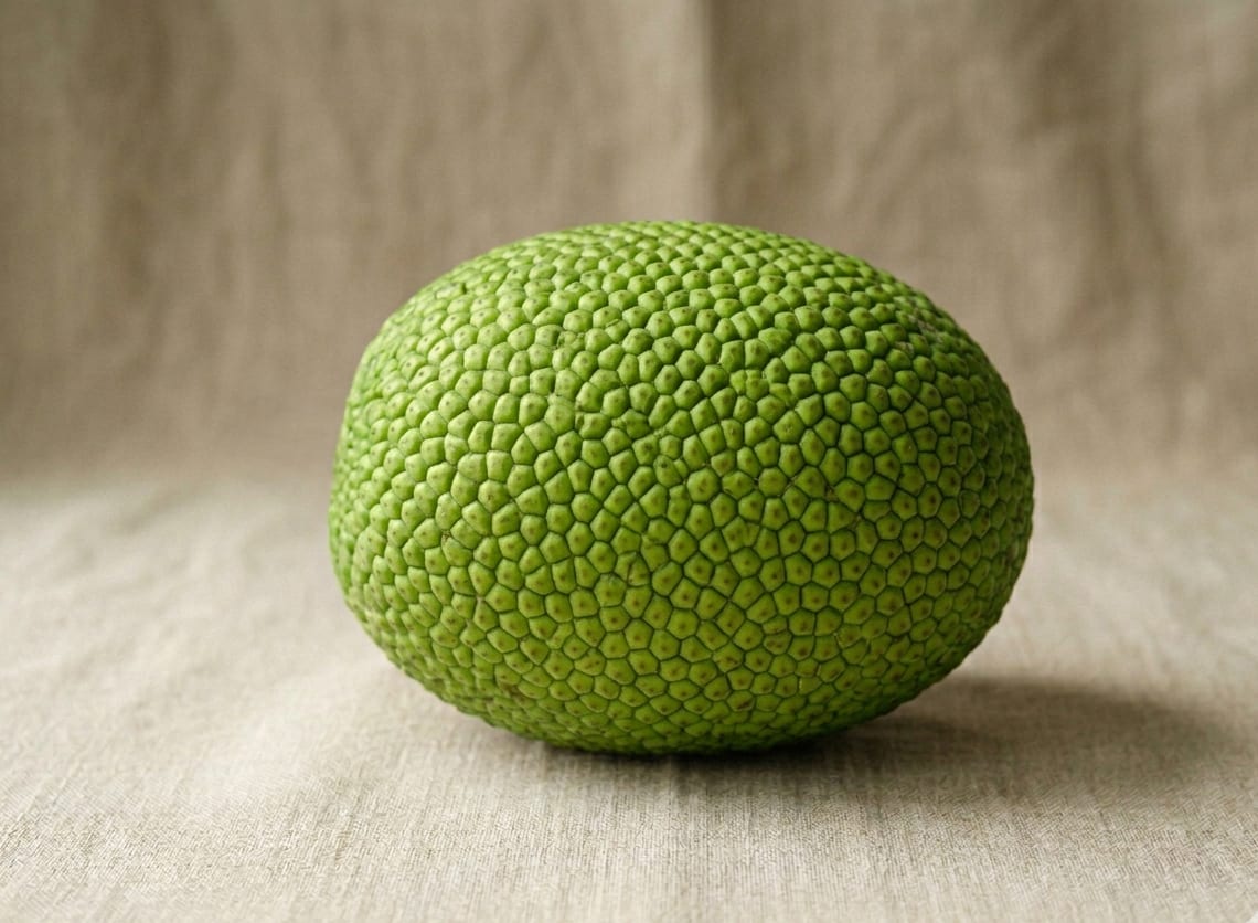 Dominican panapen (breadfruit) — pale yellow-green fruit with distinctive polygonal skin pattern, used in gluten-free processing