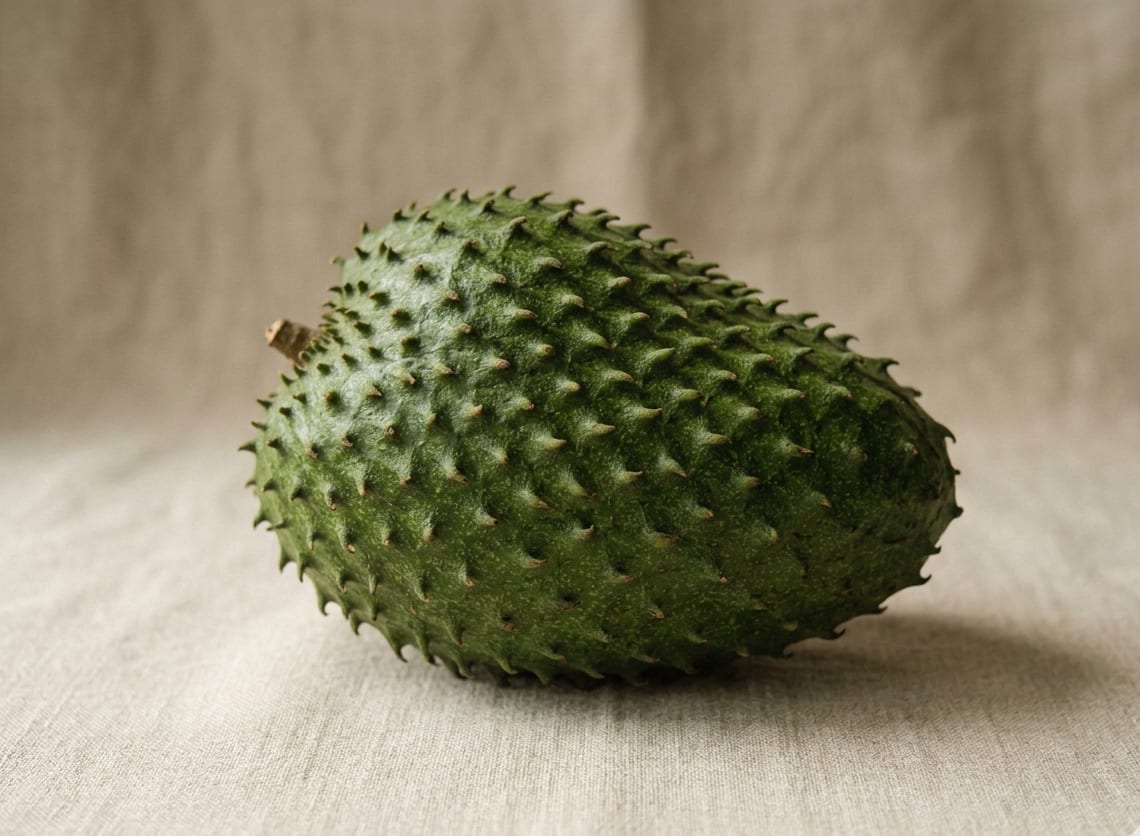 Dominican guanabana (soursop) — dark-green fruit with soft fleshy spines, used in juice and functional beverages