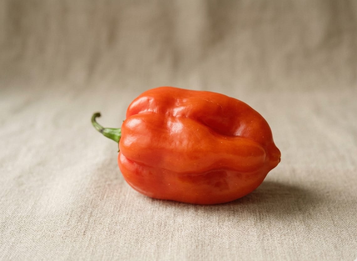 Dominican habanero pepper — bright orange-red rounded-lantern shape, export-grade for hot-sauce production